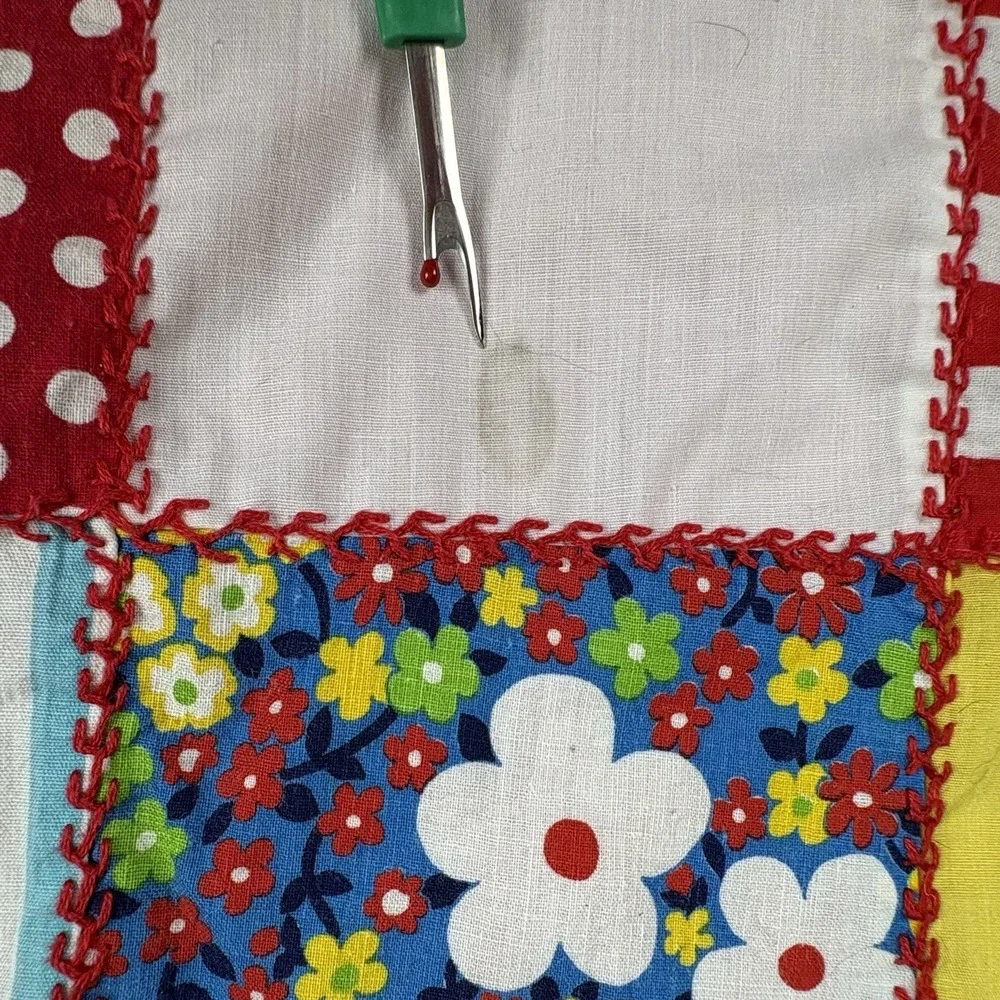Vintage 70s Boho Handmade Patchwork‎ Doll Quilt Red Floral 12x16 Hippie Placemat